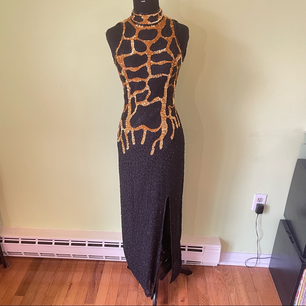 VTG 90s SEAN BLACK GOLD BEADED SEQUIN FORMAL DRESS SIZE SMALL GORGEOUS